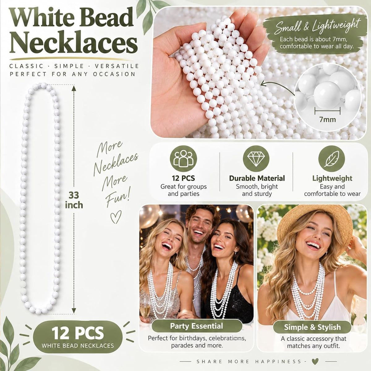 ZZYFGH 12 PCS Bead Necklace, 33'' Mardi Gras Beaded Necklaces – Fun for Kids & Family - White - image 2
