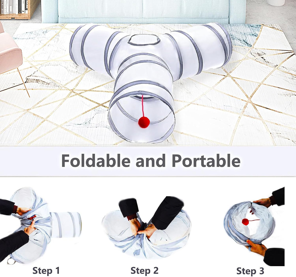 Cat Tunnel Tube Toys, 3 Ways Tunnels for Indoor Cats with Play Ball – Essentials for Cats - 3 Way White Gray - image 2
