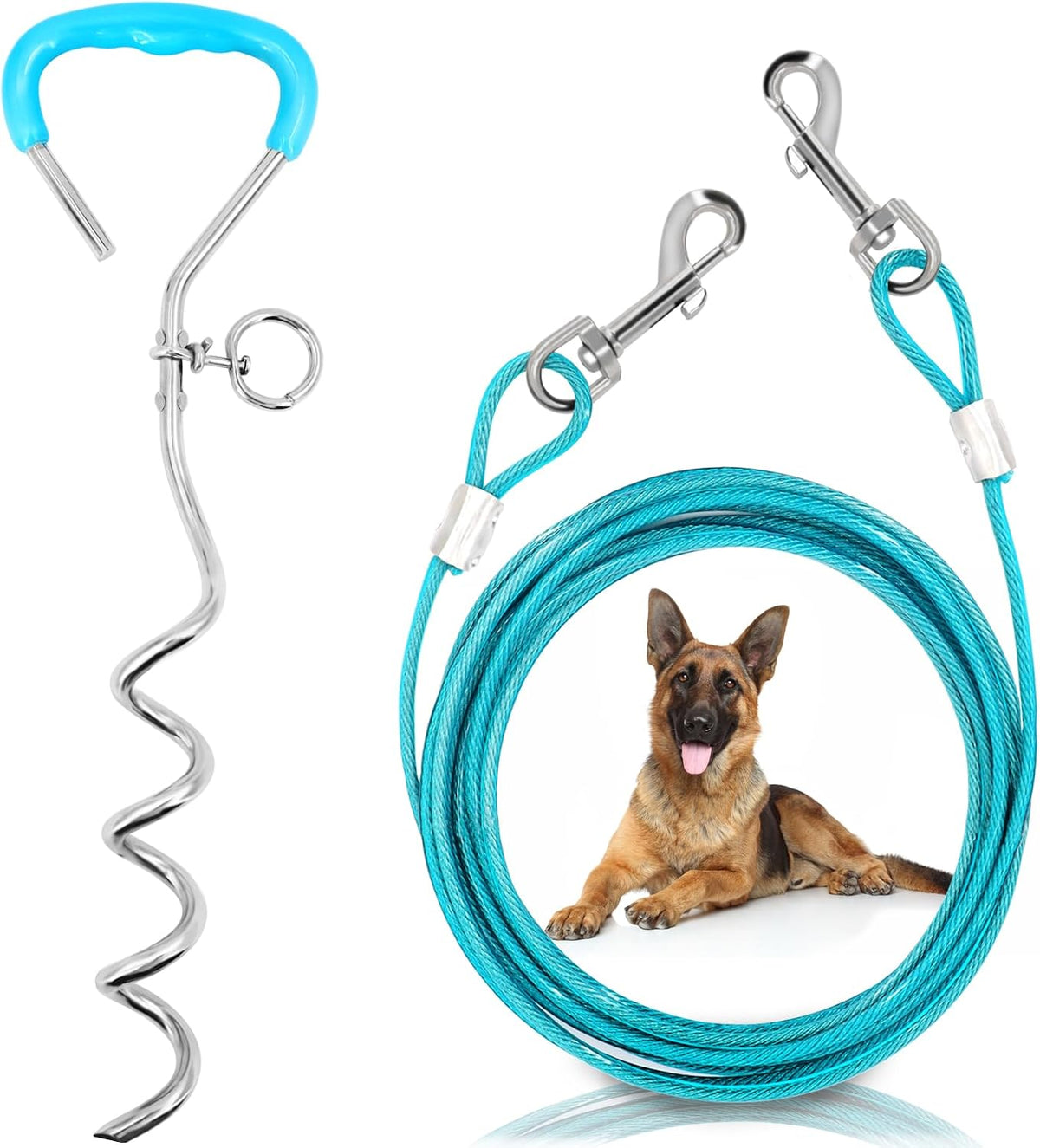 Supet Dog Tie Out Cable and Stake 32/16/10 ft Outdoor - 32ft/10meter / Turquoise