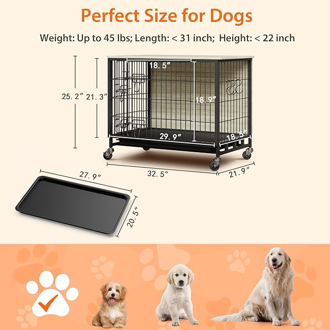 Dog Crate Furniture, 32.5" Wooden Dog Crate Furniture Side End Table, Indoor Kennel with Double Doors, Dog Crates for Medium Dogs, Grey