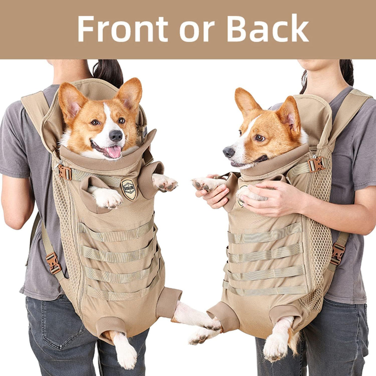 FLAdorepet Tactical Dog Backpack Carrier Front Back Bag for Medium - khaki / 21.7"L x 14.2"W x 4.5"H - image 3