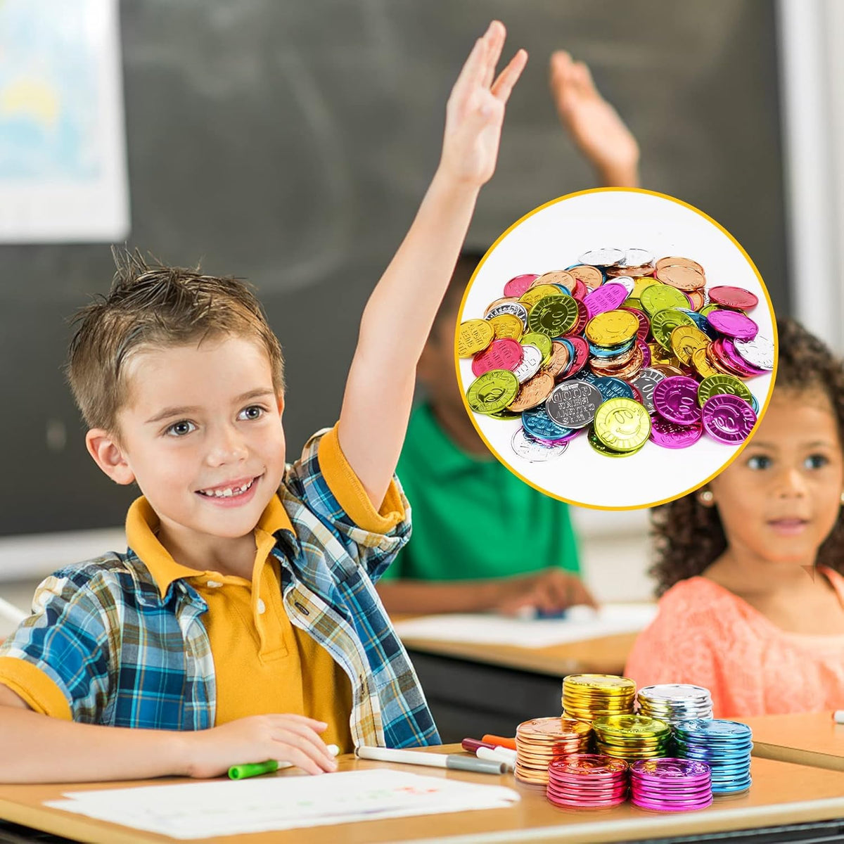 Mczxon caught being good coins, 100 colorful plastic reward tokens with a small slotted jar - view 4