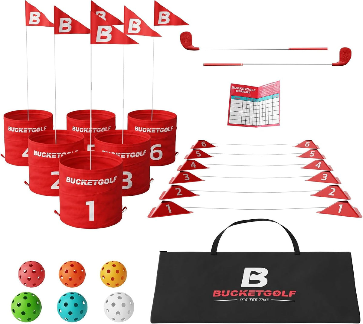 BucketGolf 6 hole backyard golf game bundle with clubs and carry bag
