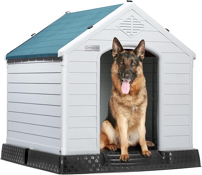 LEMBERI Durable Waterproof Plastic Dog House for Small to Large Sized Dogs, Indoor Outdoor Doghouse Insulated Puppy Shelter with Elevated Floor, Easy to Assemble (Blue, 34''L*31''W*32''H)