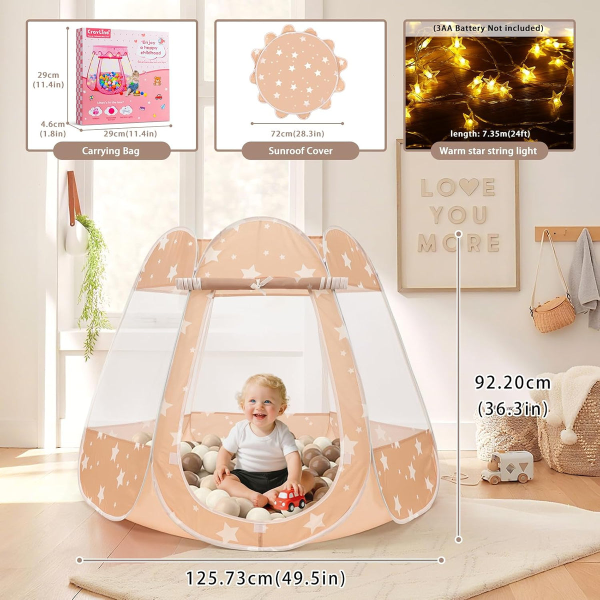 Crayline Pop Up Princess Tent with Star Light - Brown - image 3