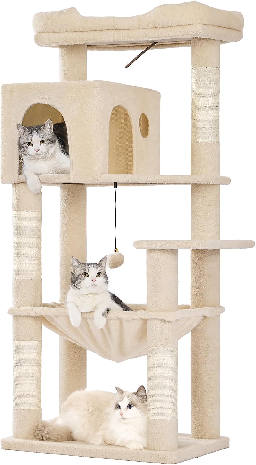 Cat Tree 32” Small Cat Tower with Large Hammock 16”& Self Groomer – Essentials for Cats - XLarge-53" / Beige