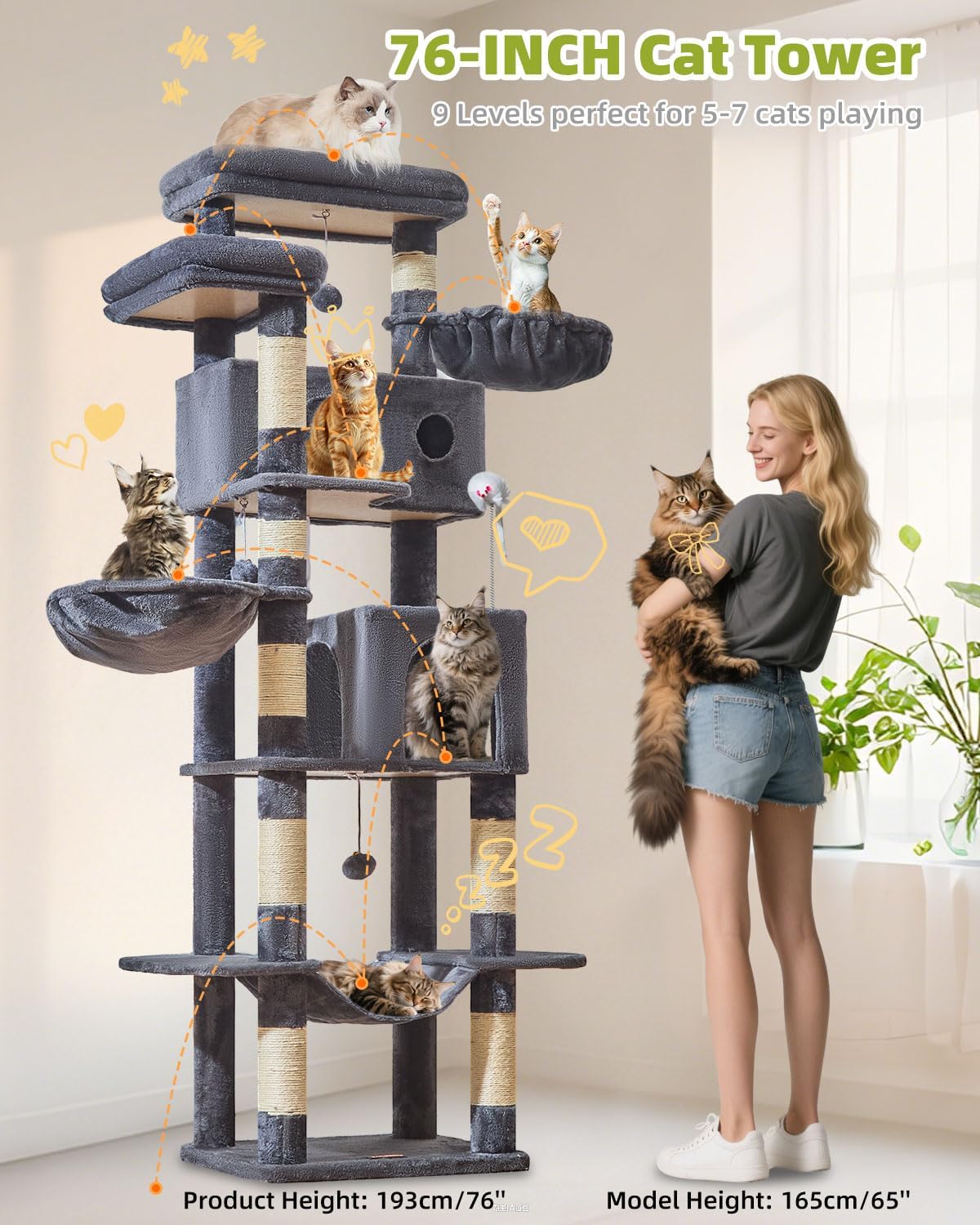 Taoqimiao 32.2in Cat Tree with Toy - Smoky Gray / 76 inch - image 3