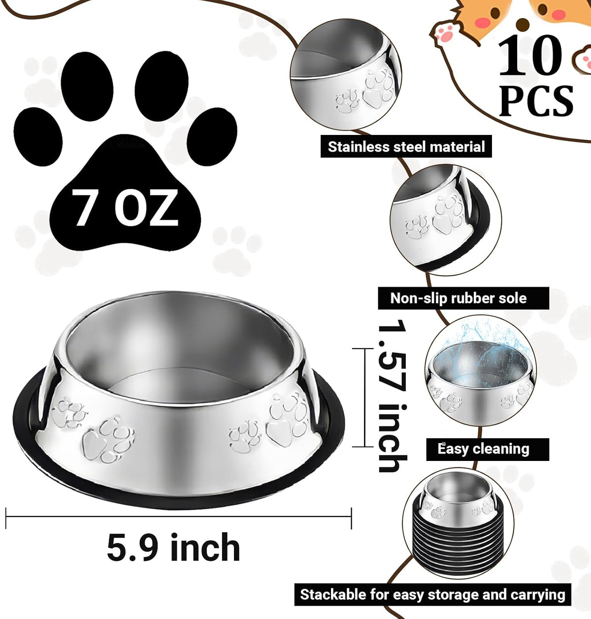 10 Pcs Stainless Steel Dog Bowl Pet Feeding Bowl with Rubber Base - 7 oz - image 2