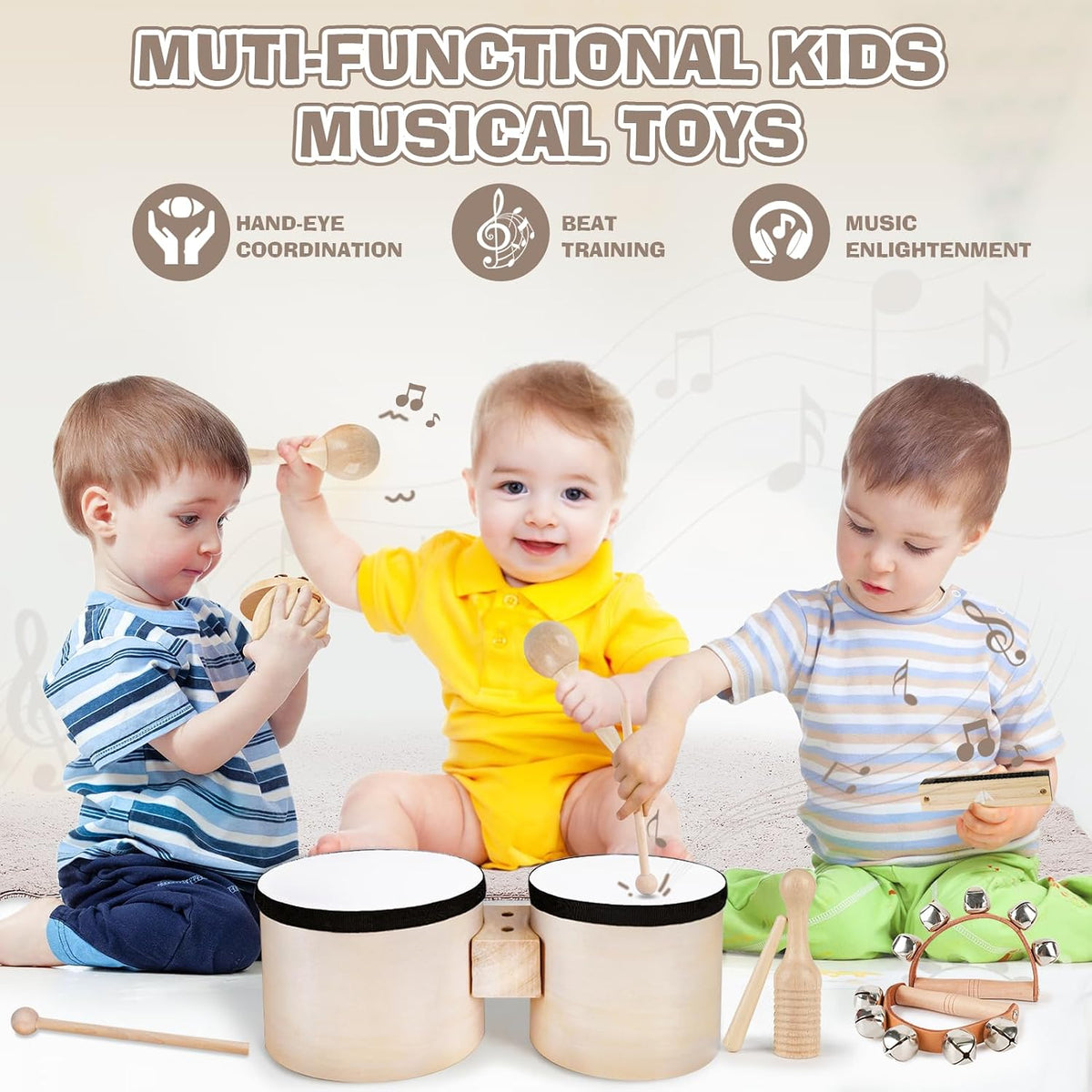 Vanplay bongo drum set for kids with drums, maracas, bells, harmonica and triangle - view 3