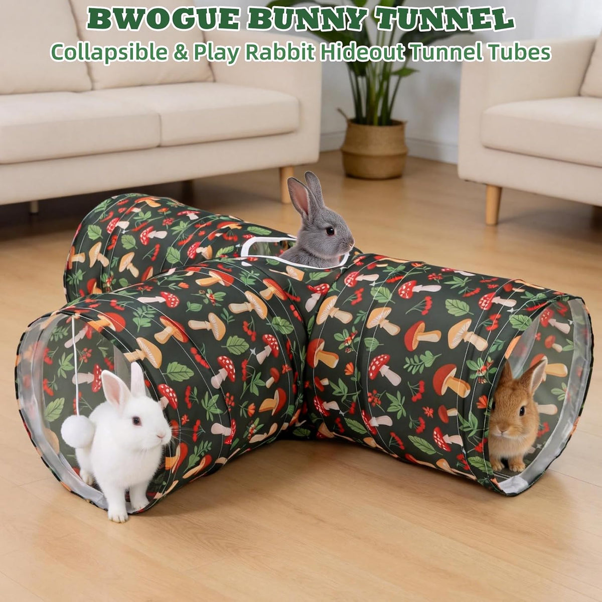 Bunny Tunnels & Tubes, 3-Way Collapsible Rabbit Hideout for Bunnies – Essentials for Small Pets - Mushroom - image 2