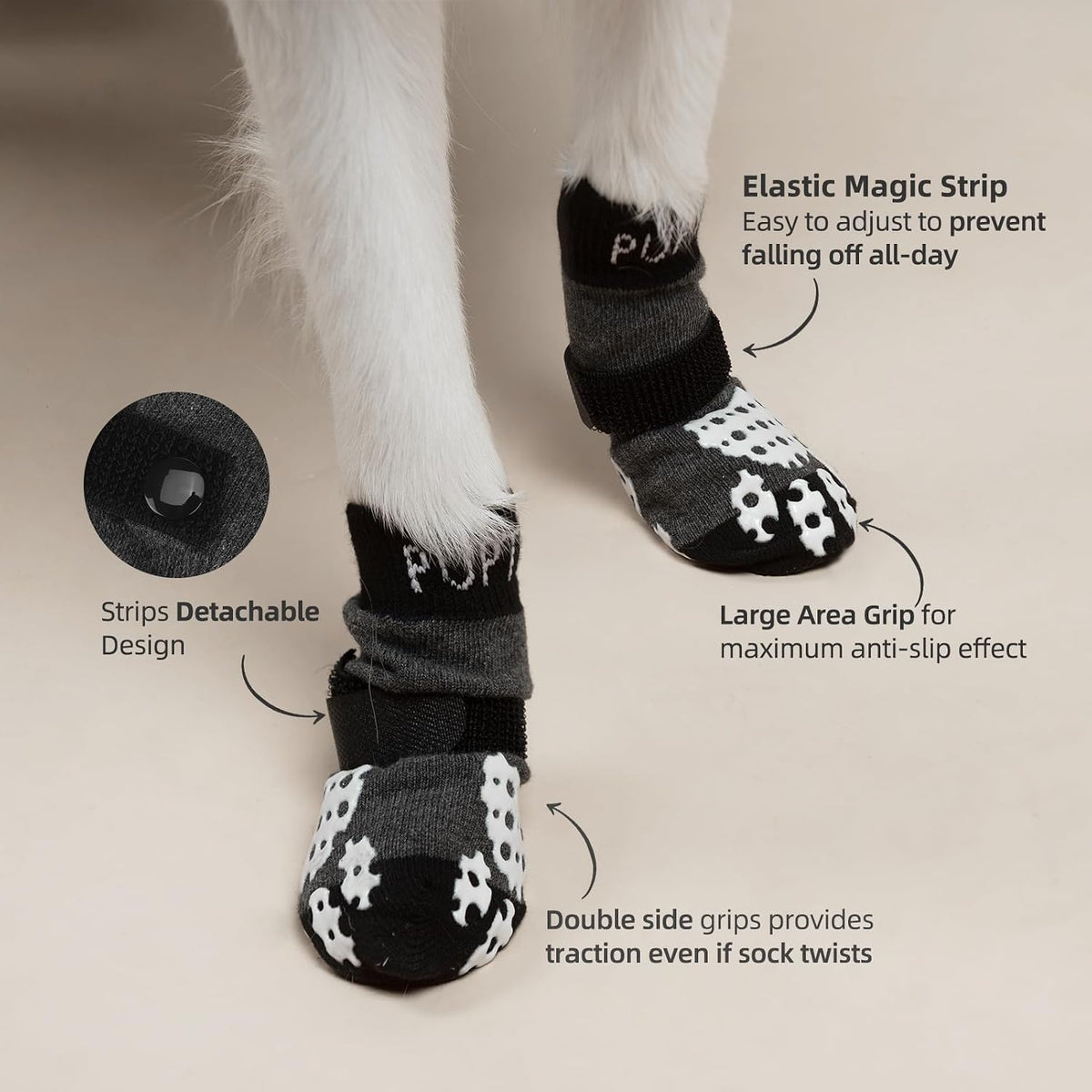 PUPTECK Anti-Slip Dog Socks with Double Sides Grips for Small Medium - Grey / X-Small (4 Count) - image 2