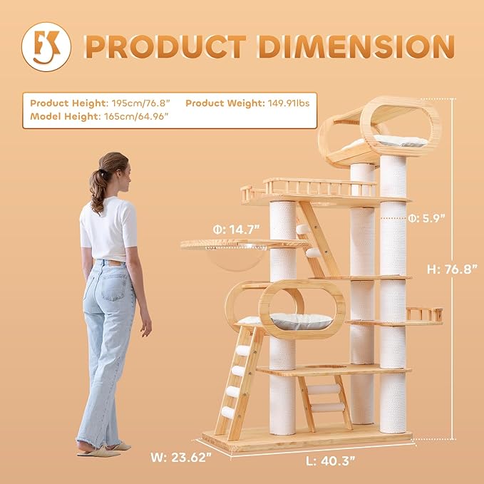 76.8'' Modern Cat Tree for Indoor Cats, Tall Wooden Cat Tower for Home Decoration, Multi-Level Tower with Transparent Cat Bed, Huge Cat Condo for Multi-Cat Families