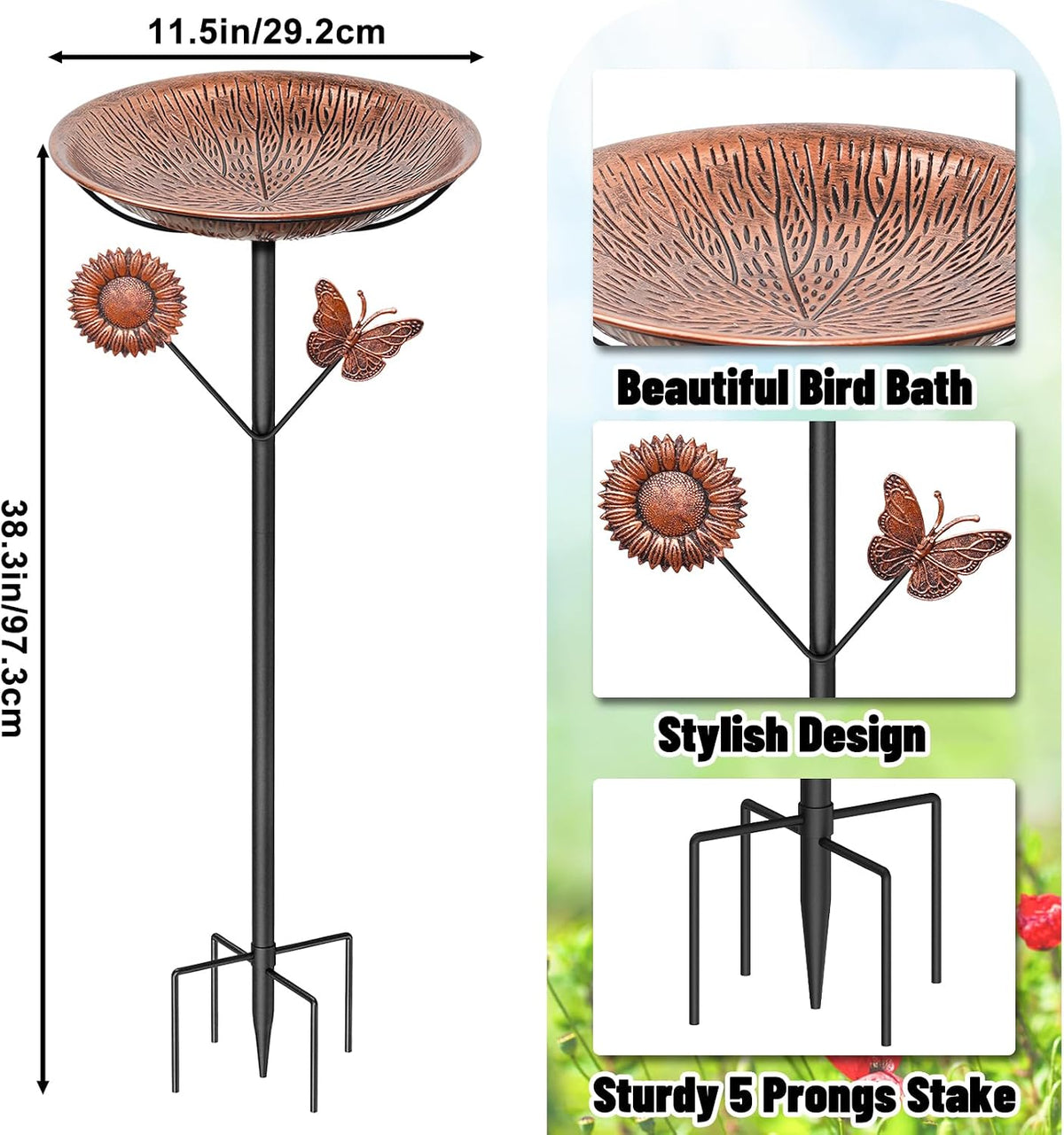Metal Bird Bath for Outside - Vintage Brown, Butterfly - image 3