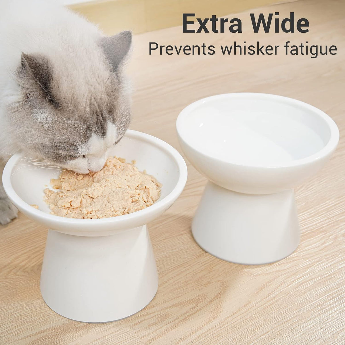 2-Pack Elevated Ceramic Cat Bowls Extra Wide for Food & Water – Essentials for Cats - White - image 2