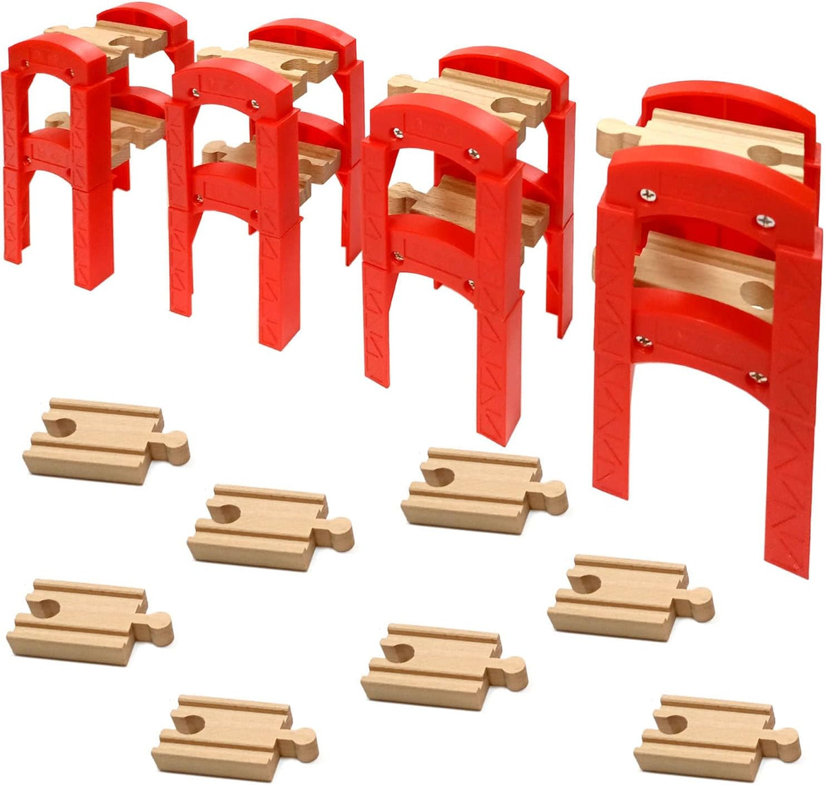 OrgMemory wooden train track bridge supports in natural beech wood with straight tracks - view 2