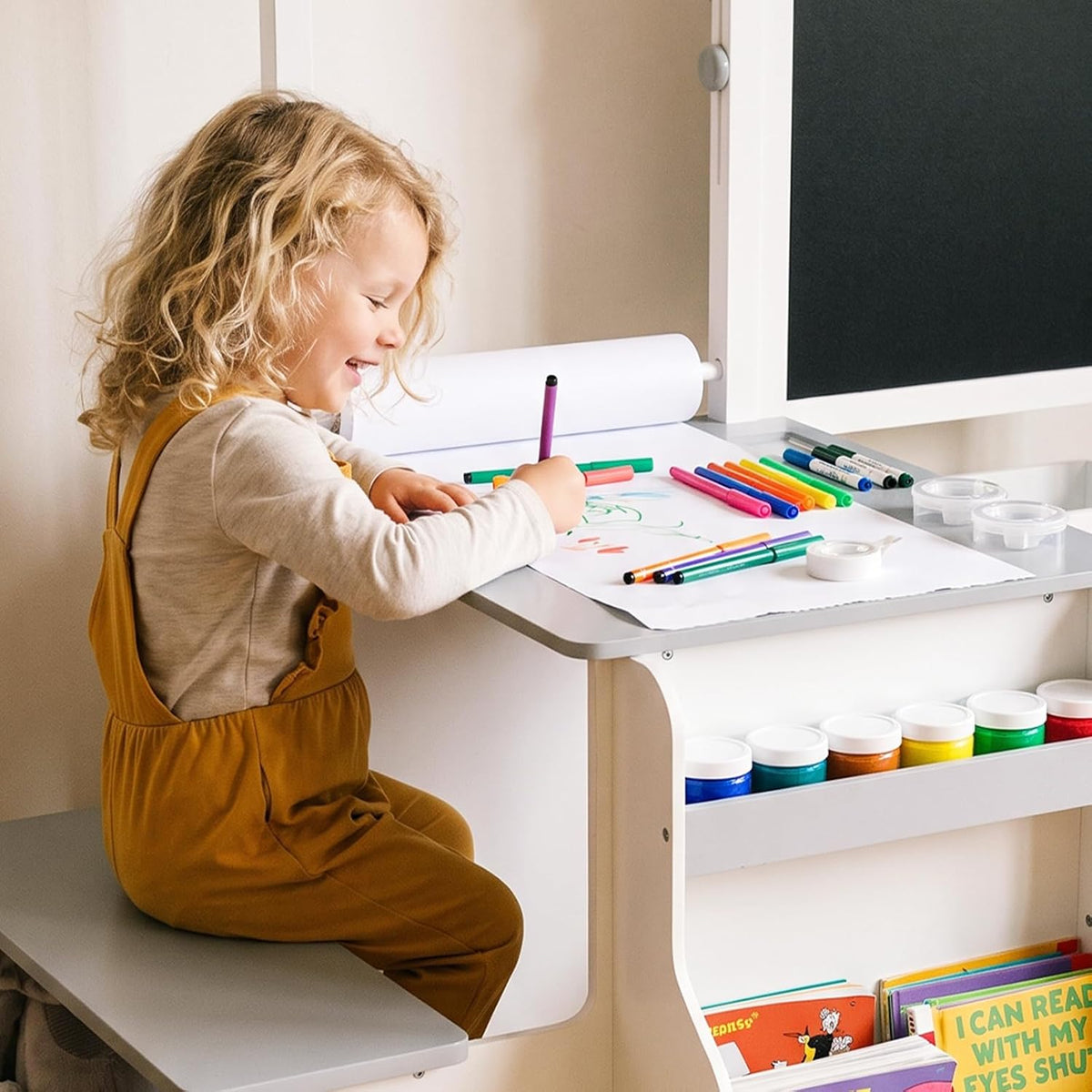 INFANS 3 in 1 kids art table and chair set with double-sided easel and paper roll - view 2