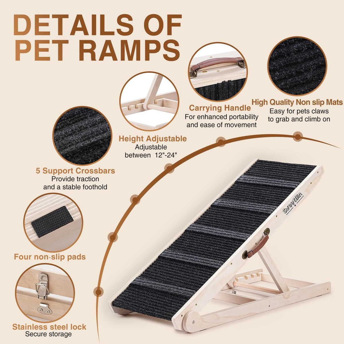 Dog Ramp for Bed, Foldable Small to Large Dog Ramp for Couch - Burlywood(black)/Standard - image 3