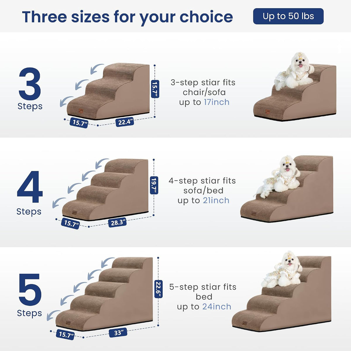 Dog Stairs for Small Dogs, 3-Step Pet Steps for Couch Sofa - Camel / 5 / 5-Step (33"D x 15.7"W x 22.6"H) - image 2