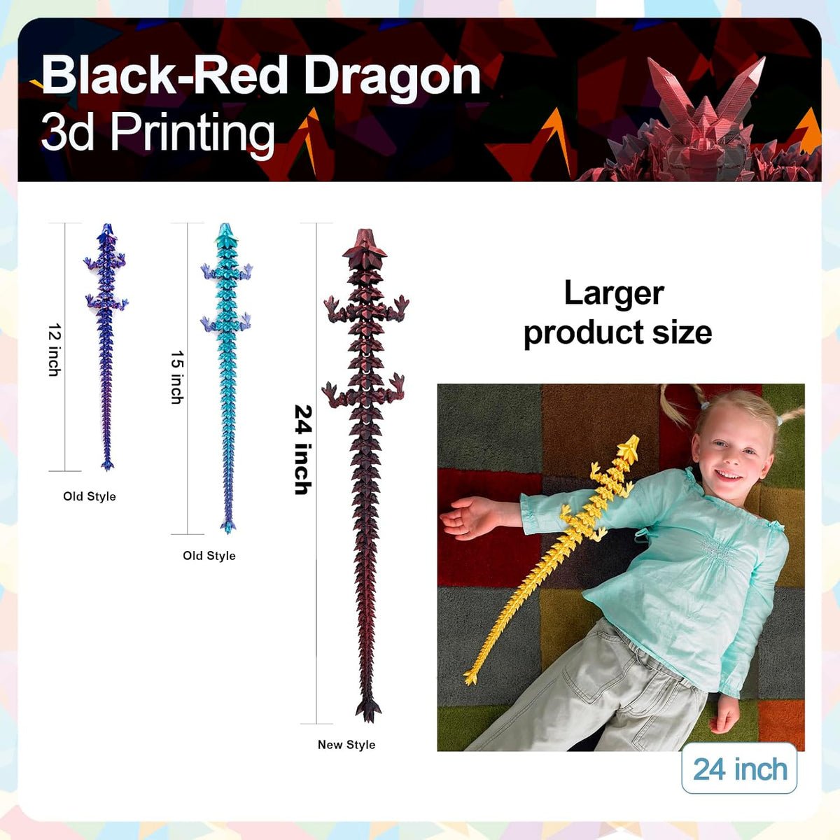 3D Printed Dragon 24 Inch - Red Black / 24in - image 3