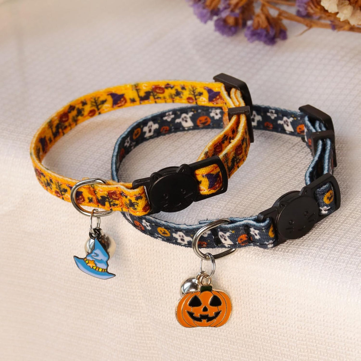 Halloween Cat Collar, Cotton 2 Pack Cat Collar with Bells - Halloween Black / 7-11'' - image 3