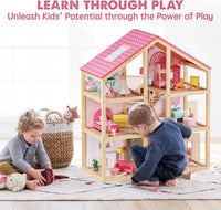 Tiny Land Wooden Dollhouse for Girls, 6 Rooms Wooden Doll House - Pink - image 2