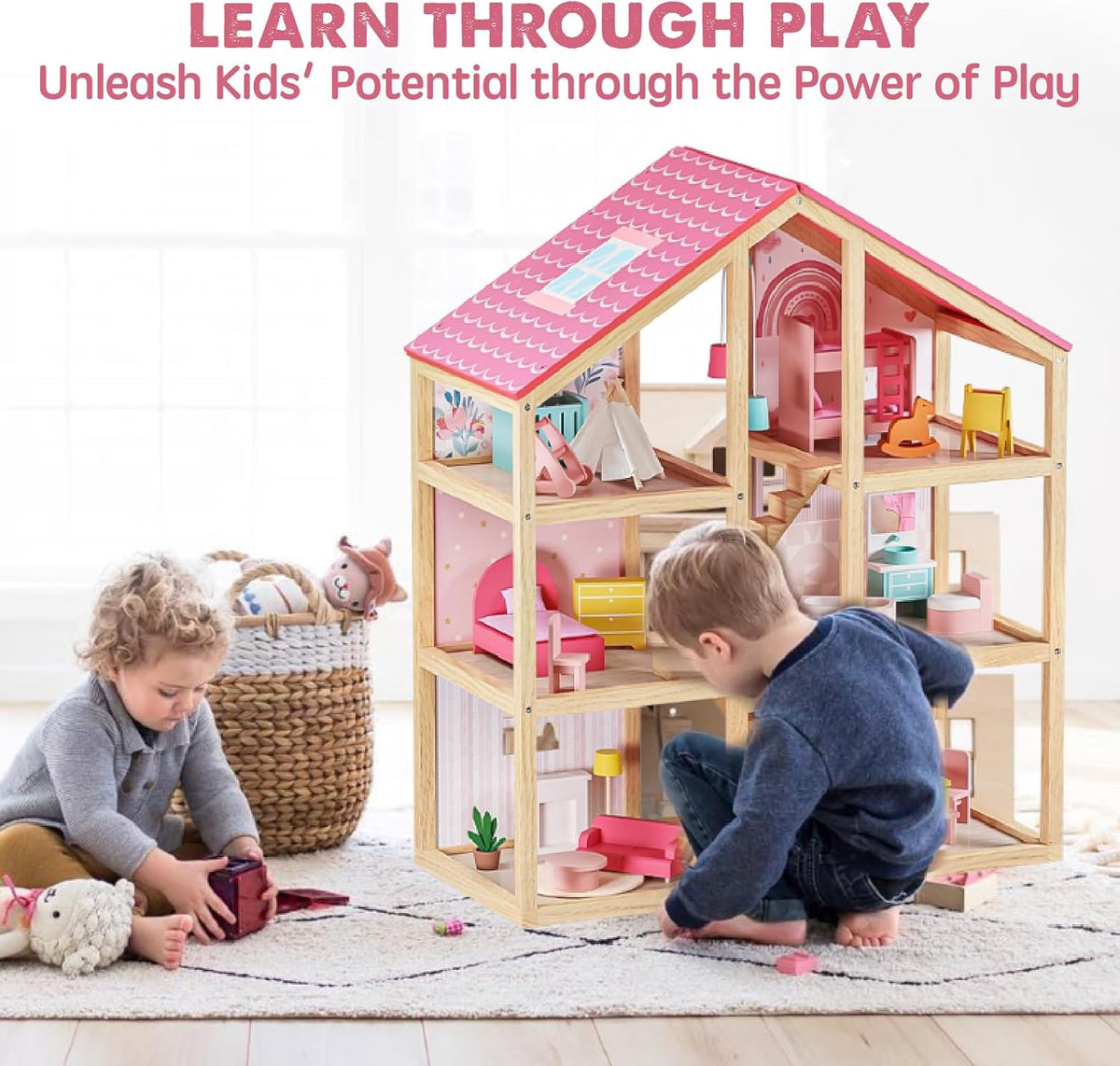 Tiny Land Wooden Dollhouse for Girls, 6 Rooms Wooden Doll House - Pink - image 2