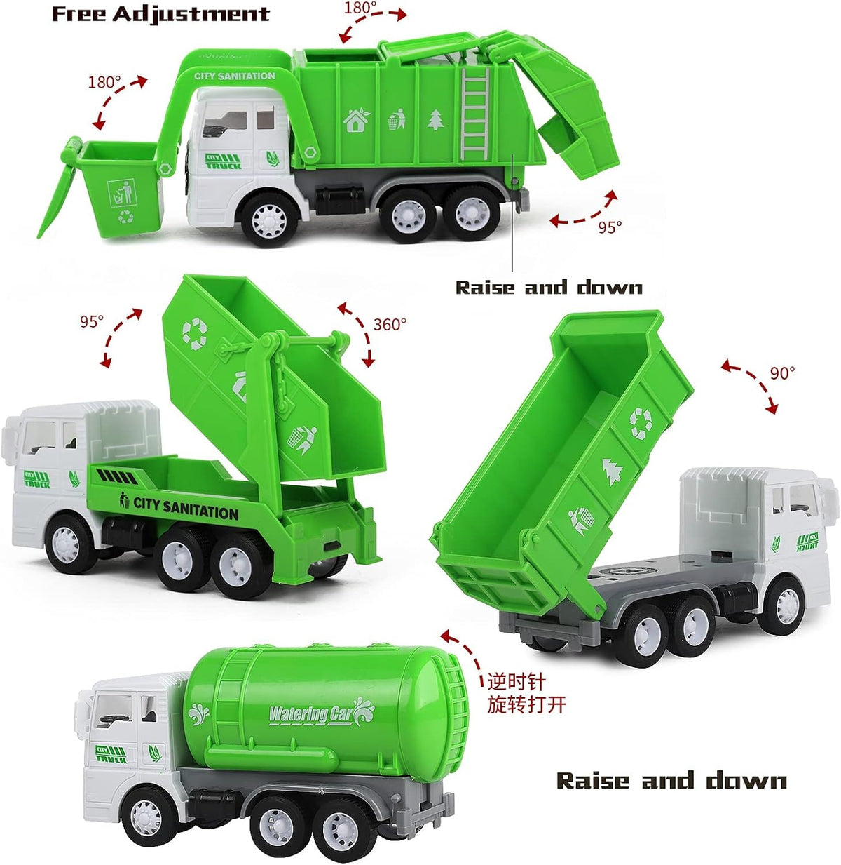 Y.L. DOYMX green garbage truck toy playset with four trucks, sorting bins, cards and play mat - view 5