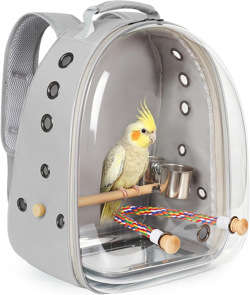 Bird Travel Carrier Cage, Clear Space Capsule Astronaut Backpack to Carry Parakeet Cockatiel Parrot - Grey / Multi Vents