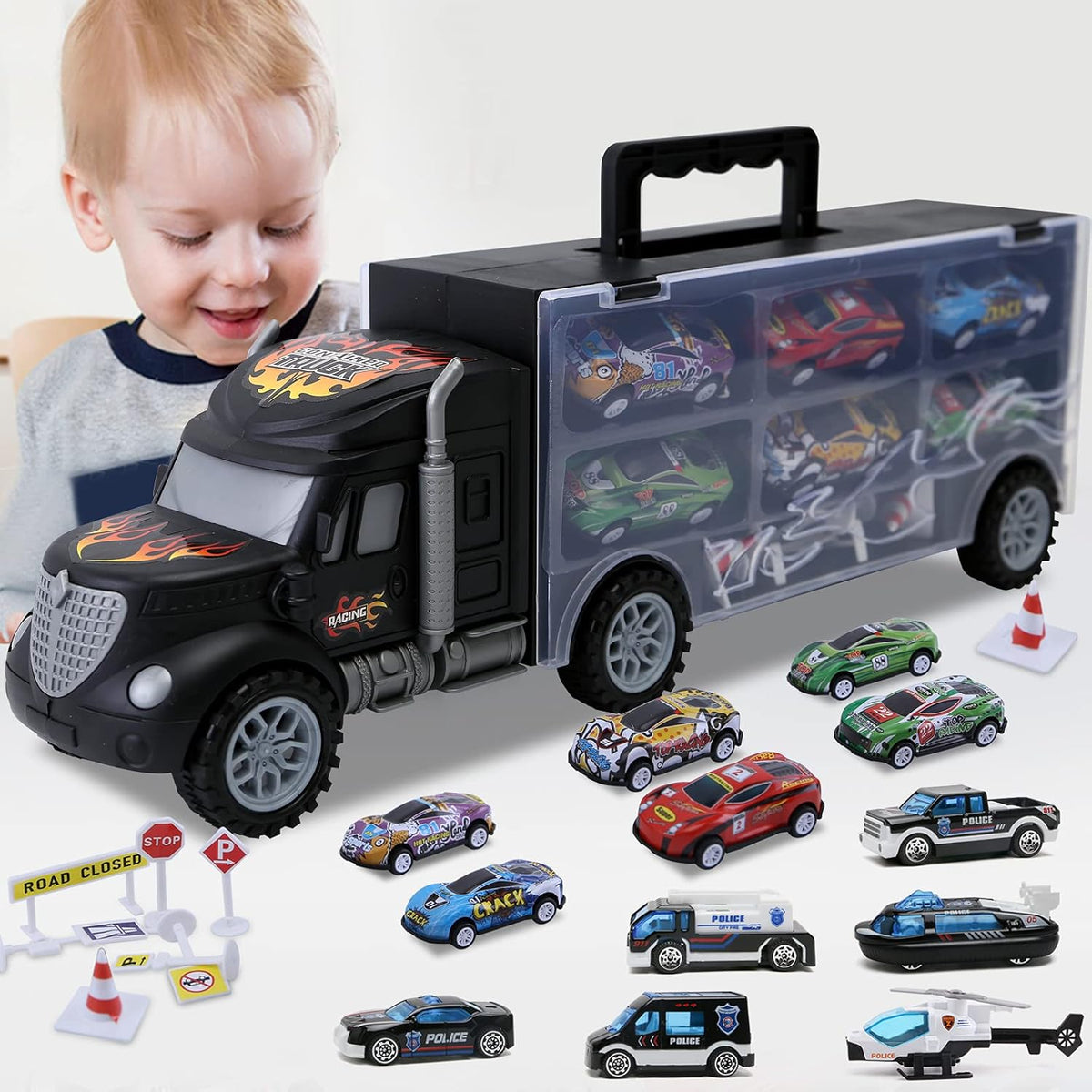 JODUDLR car carrier truck toy with 12 die-cast police and racing cars