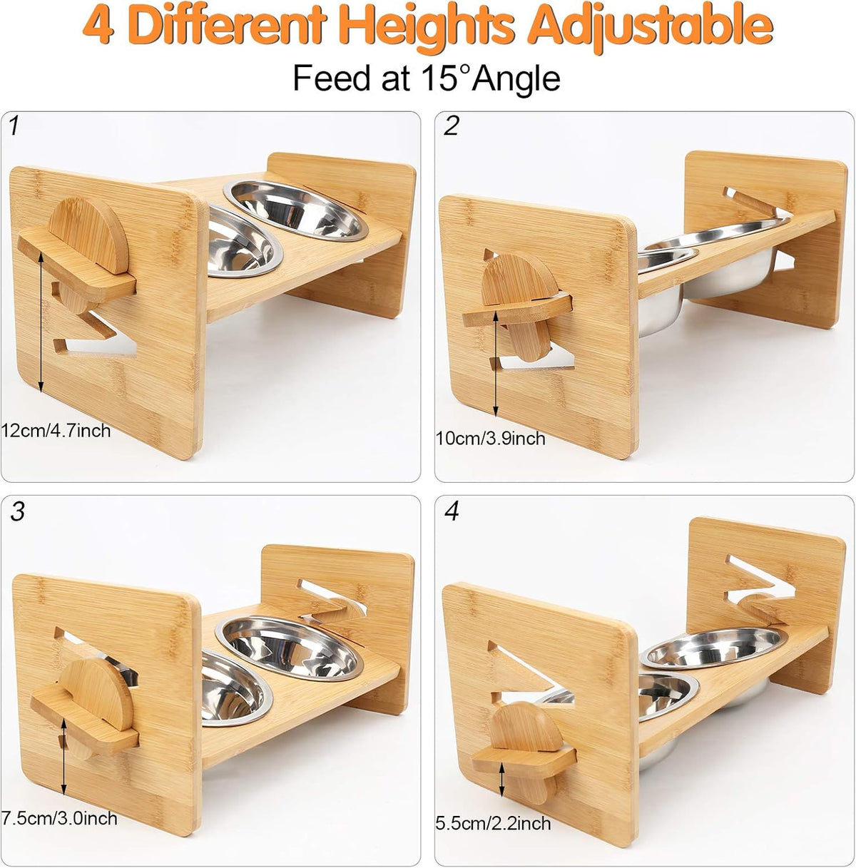 Elevated Dog Bowls, Adjustable Raised Tilted French Bulldog Food Water Bowl, Slanted Bamboo Pet - W - image 3