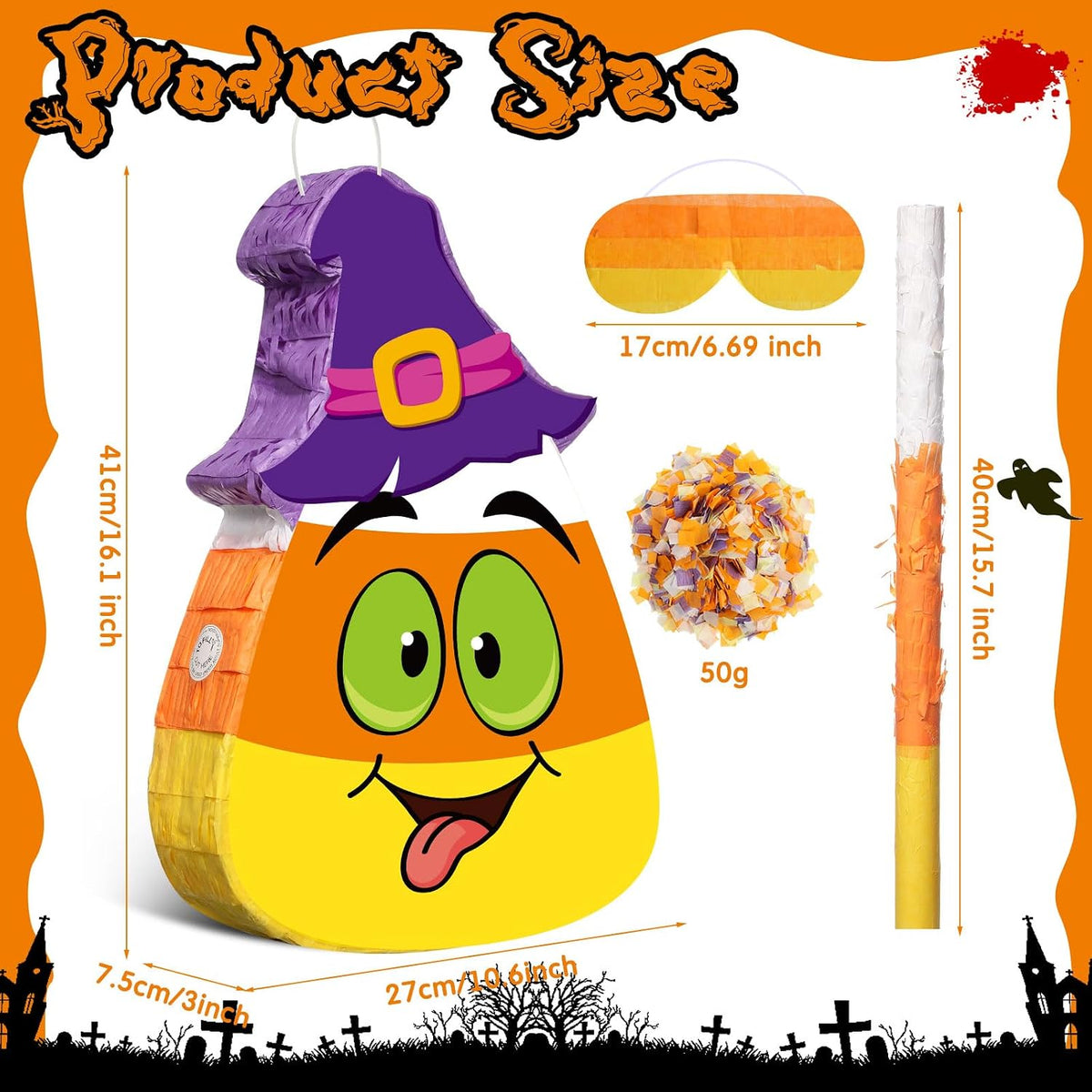 Aoriher Halloween skull piñata with bat stick, blindfold and square confetti - view 11