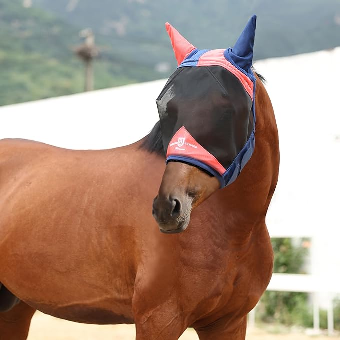 Harrison Howard Pro Luminous Horse Fly Mask Large Eye Space Half Face with Ears UV Protection for Horse Coral Orange/Navy M