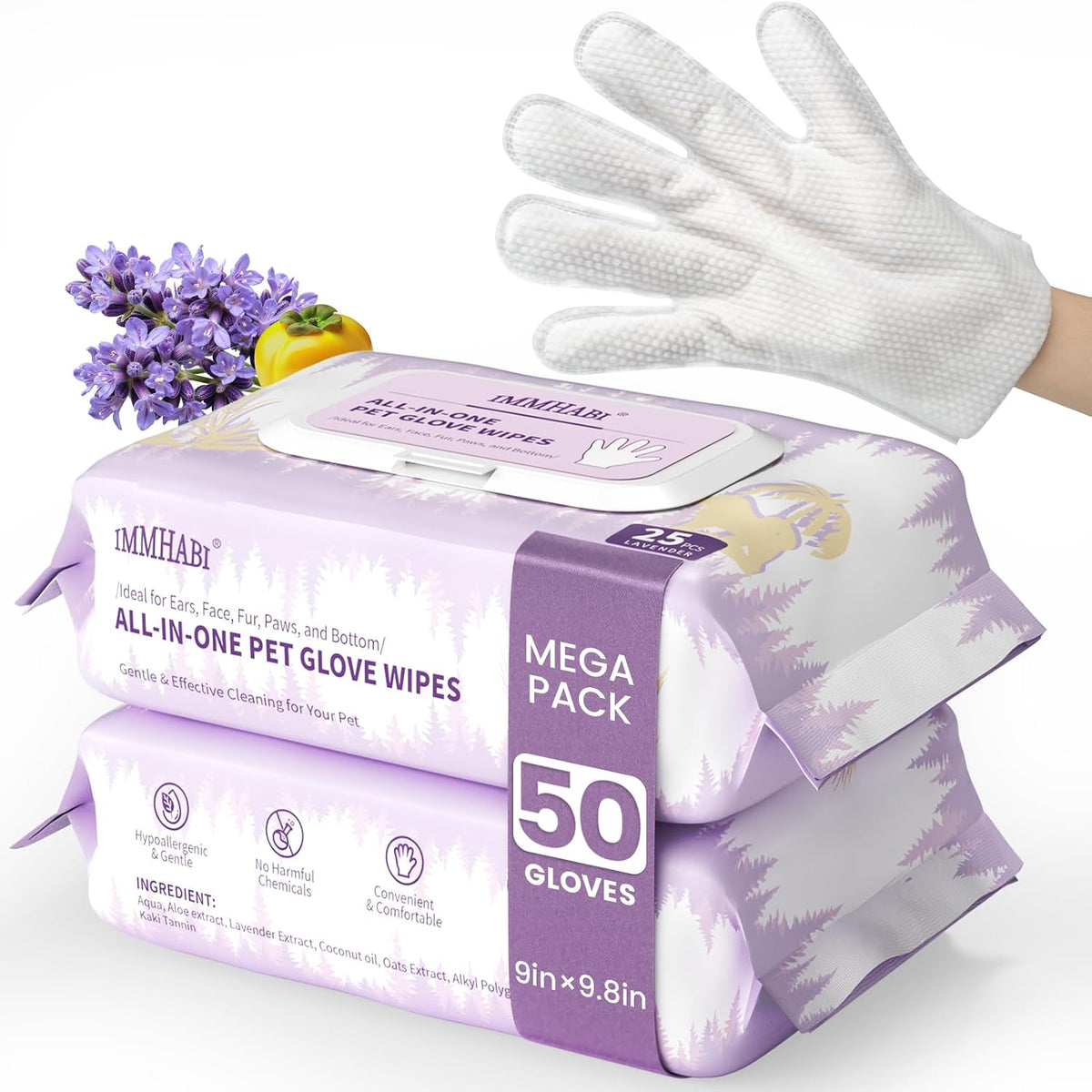IMMHABI 400 Count Hypoallergenic Dog Wipes - Lavender / 50 Glove Wipes