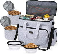 BAGLHER Dog Travel Bag, Pet Travel Bag (ALL Pet Travel Supplies), With 2 Pet Food Containers and 2 Collapsible Silicone Bowls; Essential Kits for Pet Travel DLwhite
