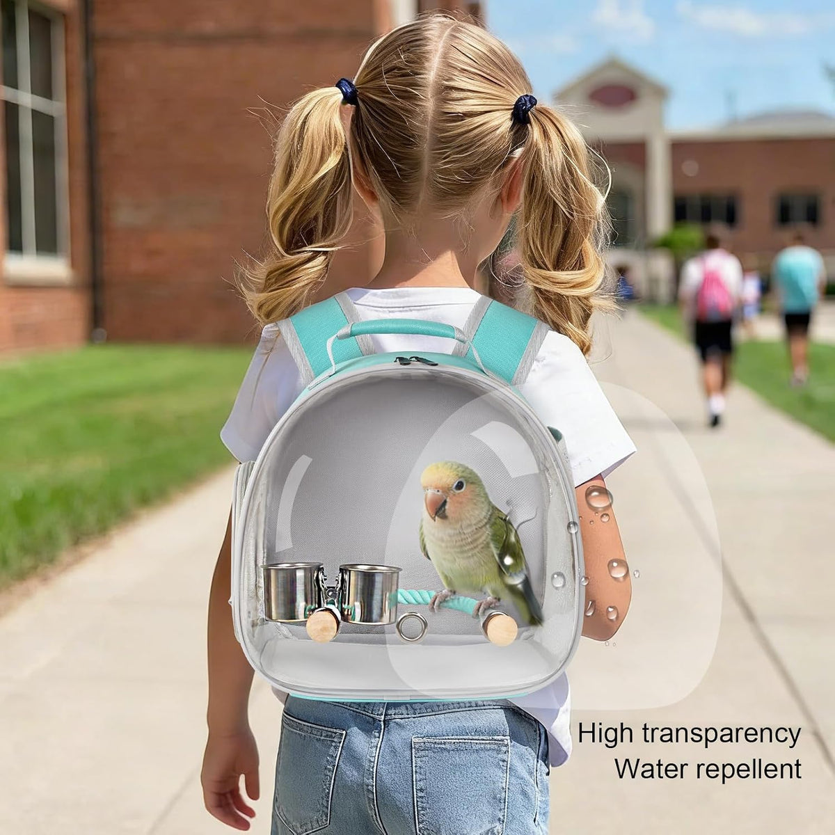 Small Bird Travel Backpack Carrier Cage - Green / Clear Bubble + Cups - image 4