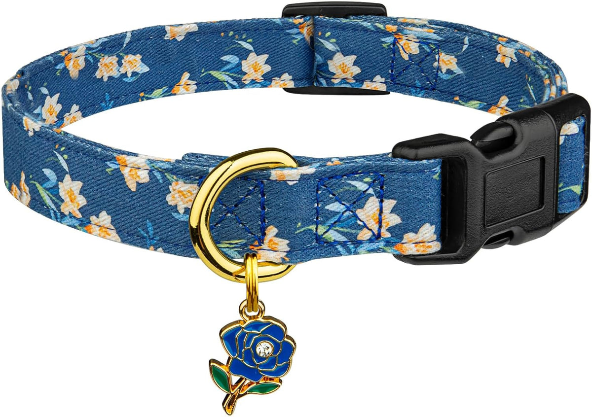 Cotton Dog Collar White and Pink Love Heart with Pendant Cute Dog - Blue Tulip / S