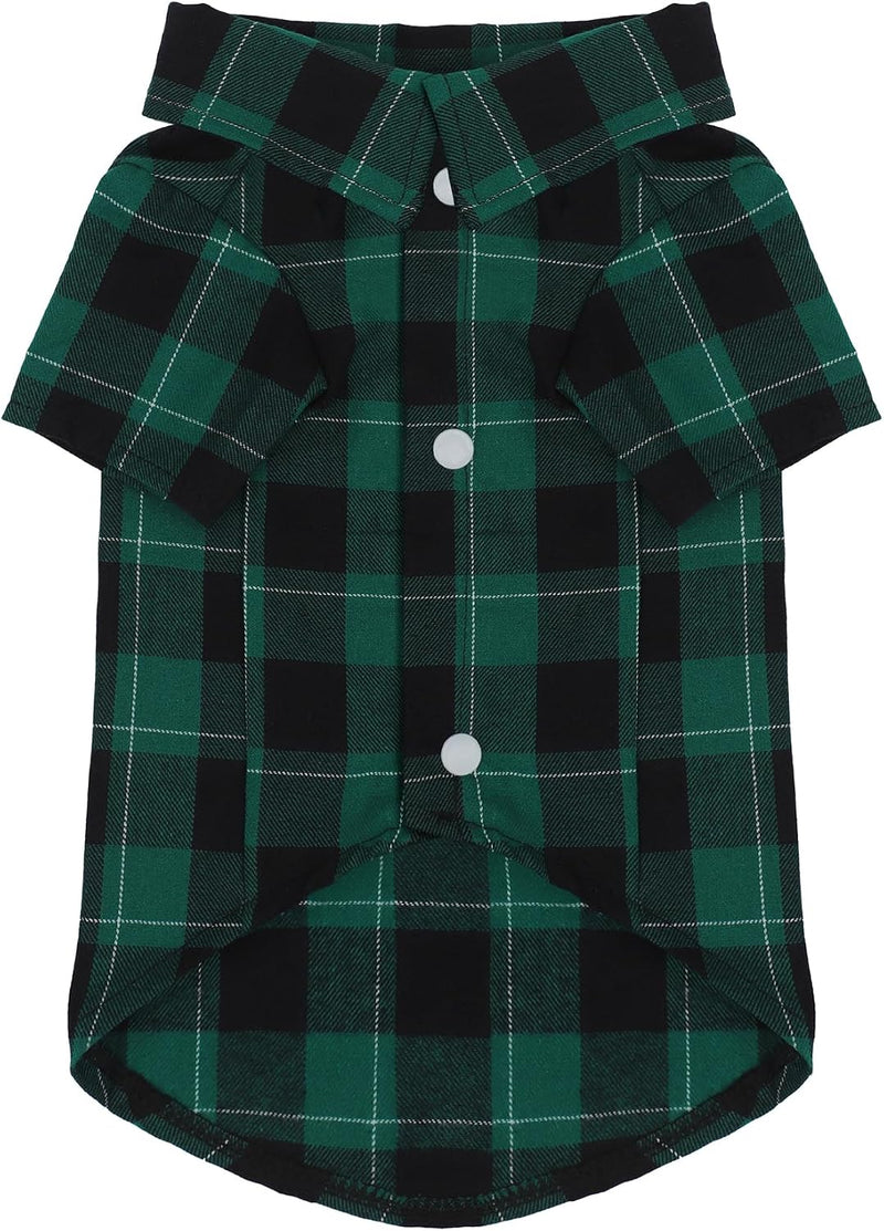 Plaid Dog Shirt: Classic Checkered Style in Pure Cotton for Large - S-(5~7lb) | Chest(~15.5") / Green