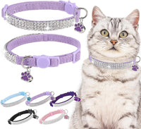 2 Pack Soft Velvet Safe Bling Diamond Cat Collars with Bells – Essentials for Cats - Purple / 7"-9" For Cats