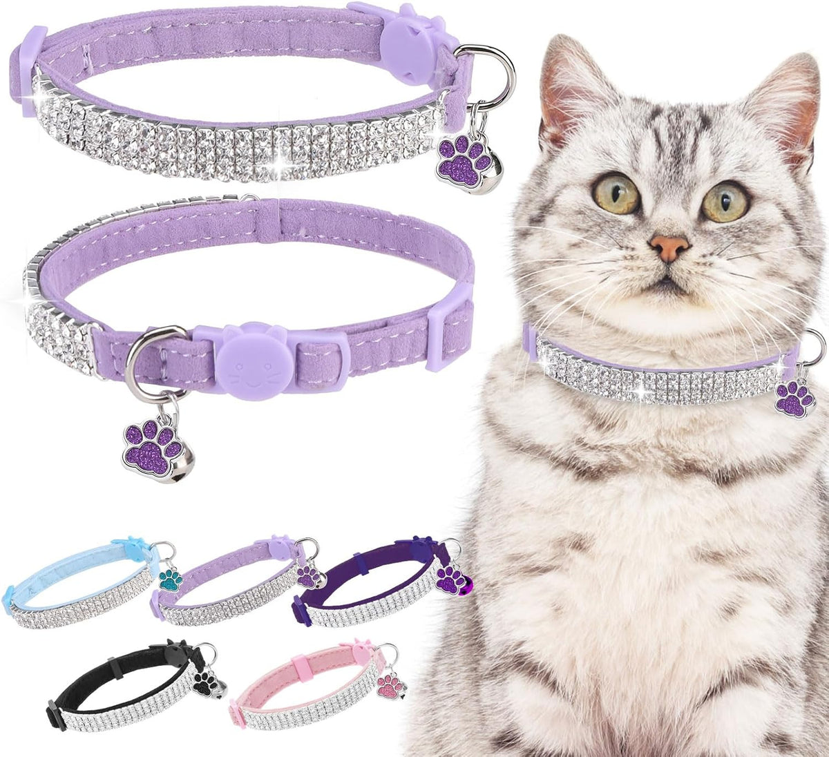 2 Pack Soft Velvet Safe Bling Diamond Cat Collars with Bells – Essentials for Cats - Purple / 7"-9" For Cats