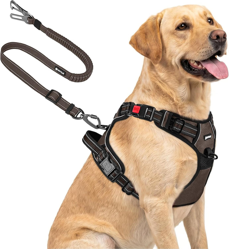Joytale No Pull Dog Harness & Seat Belt, Easy On 3-Buckle, L - Brown / Large