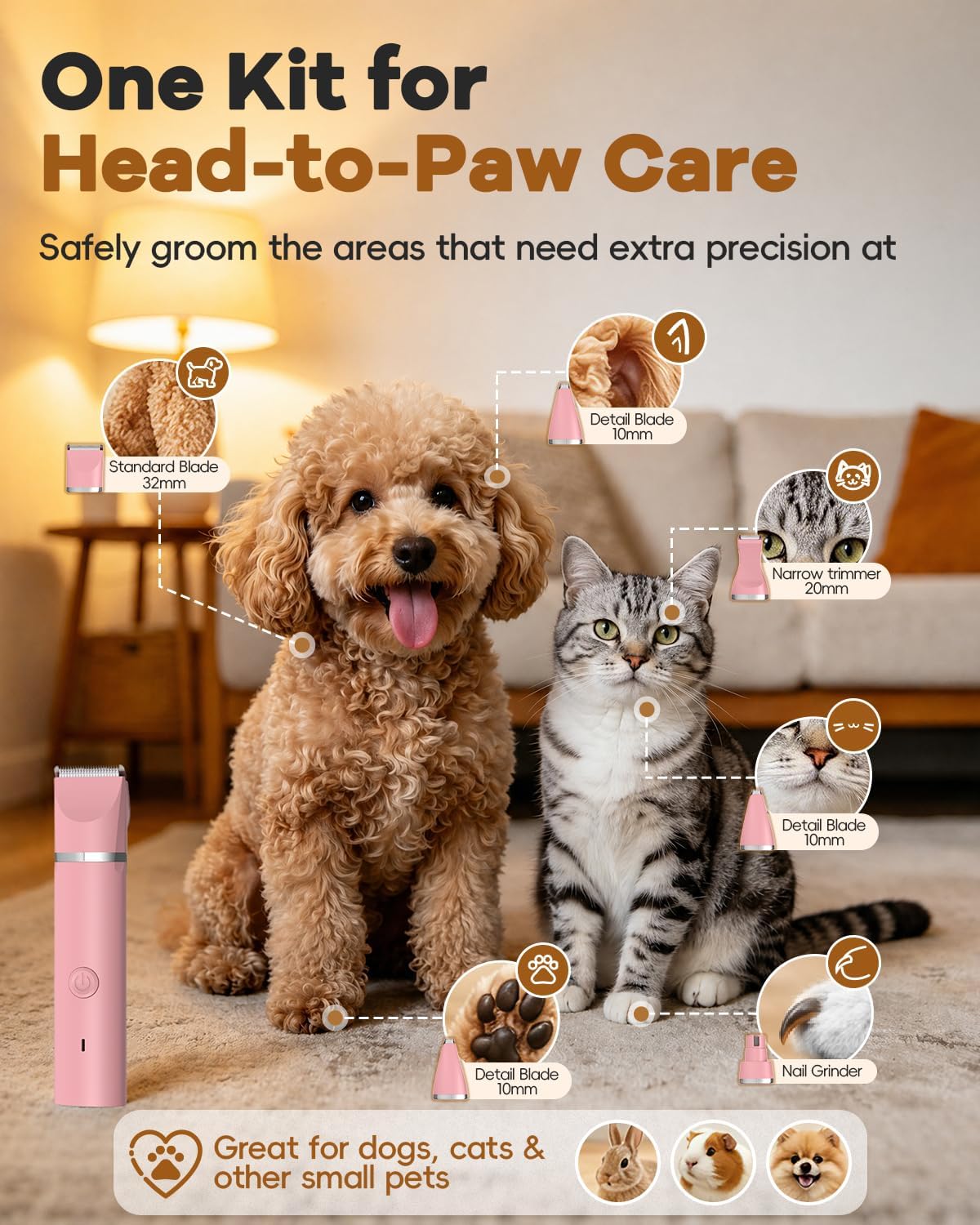Veeconn 4 in 1 Dog Clippers Grooming Kit with Paw Hair Trimmer - Pink - image 2