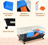 PawHut 35" L Small Animal Cage, Rolling Bunny Cage, Guinea Pig Cage with Food Dish, Water Bottle, Hay Feeder, Platform, Ramp for Chinchilla, Black