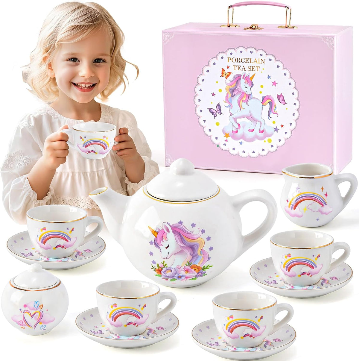 TUZT Tea Party Set for Little Girls Ages 3-8 - White Unicorn