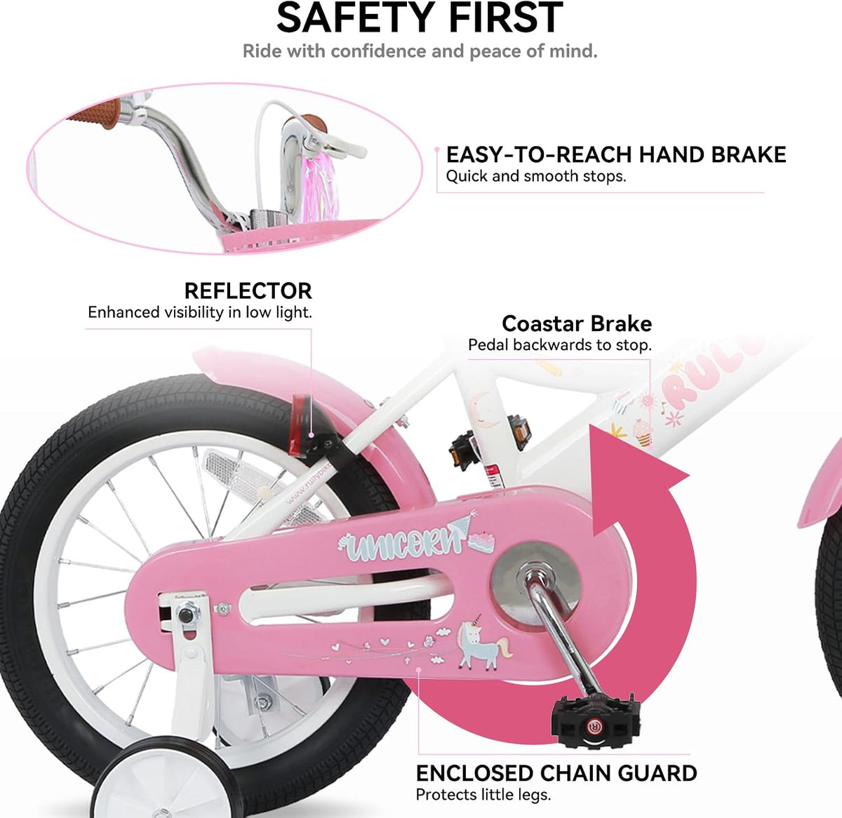 RULLY pink unicorn kids bike with training wheels, front basket, doll seat and streamers - view 12