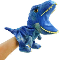 HooYiiok blue dinosaur plush hand puppet with movable mouth and big eyes