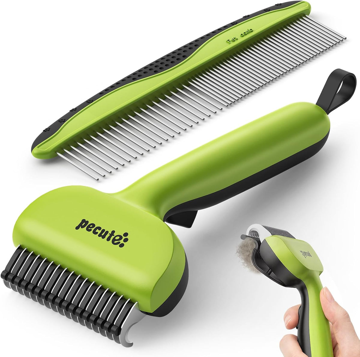 Pecute Self-Cleaning Undercoat Rake for Dogs Cats with Long/Double - Green