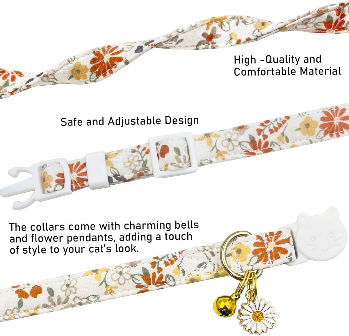 2 Pack Cotton Breakaway Cat Collars Set with Bell and Flower Pendant - beige+dark pink - image 2