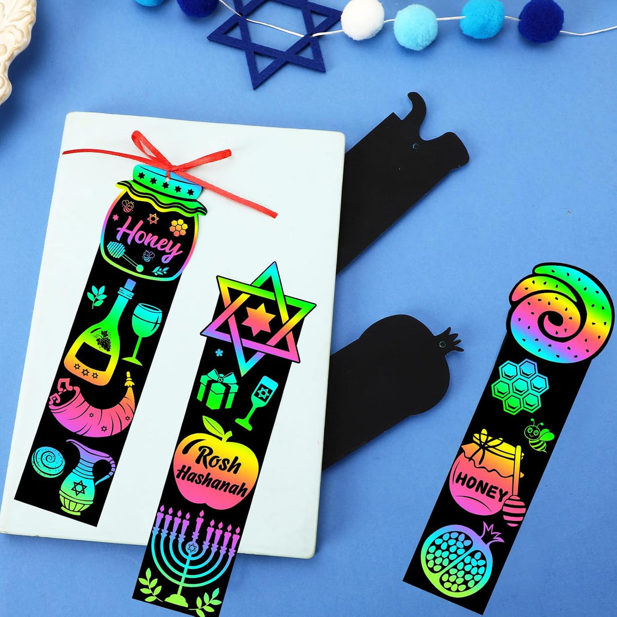 JUNEBRUSHS rainbow scratch art bookmarks with bamboo scratch sticks and colored satin ropes - view 33
