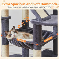 Taoqimiao Cat Tree 71-Inch, Cat Tower for Indoor Cats Large Adult, Multi-Level Large Cat Condo, 8 Sisal Scratching Posts, Metal Frame Cozy Hammock, Scratch Board, 2 Top Perches, Smoky Gray MS026LG