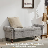 58.1'' Storage Bench Upholstered Chenille End of Bedroom Bed Bench Ottoman with Tufted Cushioned Rolled Arm Large Storage Space for Reading Living Room Entryway, Light Grey